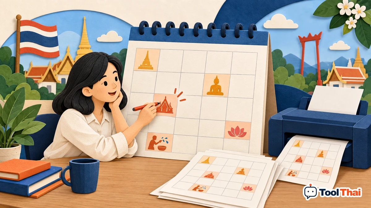 ภาพประกอบ สร้างปฏิทินรายเดือนพร้อมวันหยุดไทยสำหรับพิมพ์: หลักการและตัวอย่าง