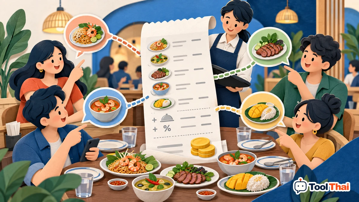 ภาพประกอบ หารบิลหลายคน รวมภาษี ค่าบริการ และรายการที่แต่ละคนสั่ง: หลักการและตัวอย่าง