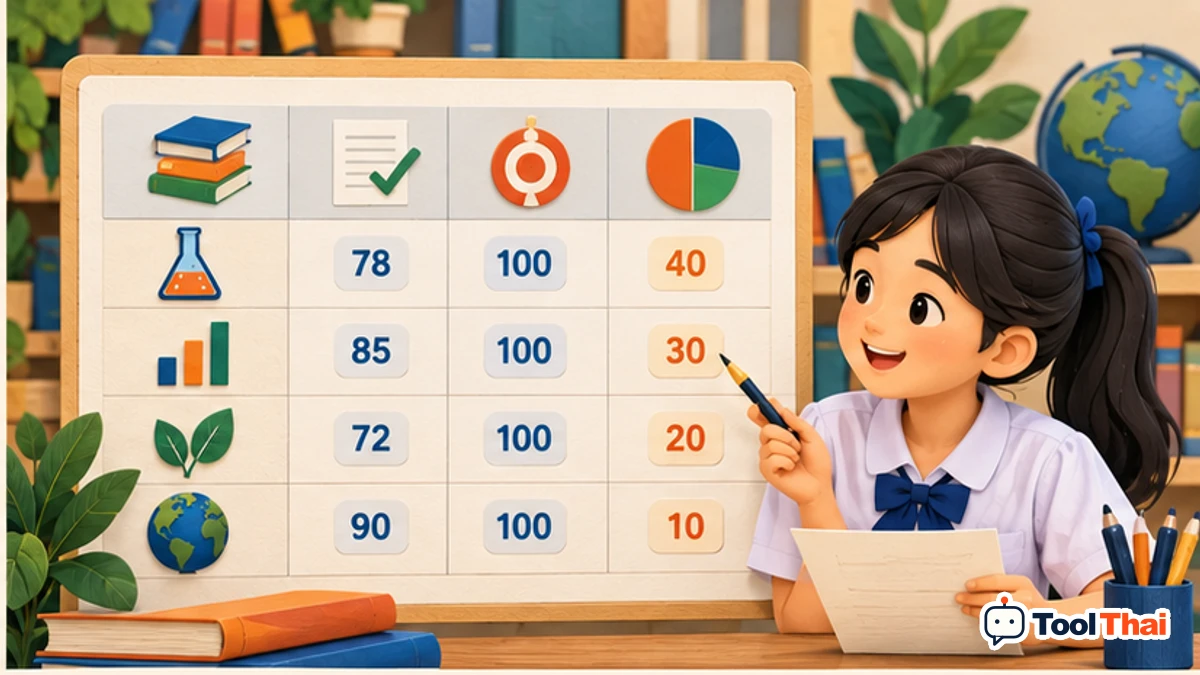 ภาพประกอบ วิชา, คะแนนที่ได้, คะแนนเต็ม, น้ำหนัก % ในคำนวณคะแนนถ่วงน้ำหนัก A-Level