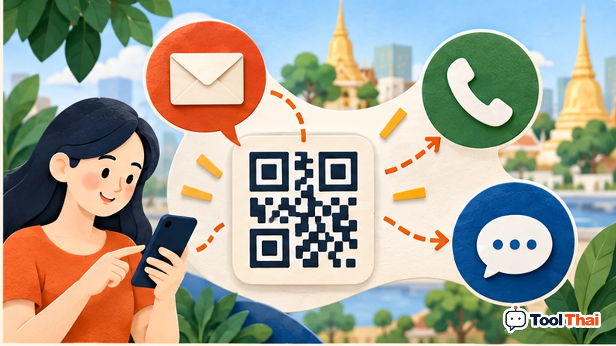 ภาพประกอบ การทำงาน ในสร้าง QR Code สำหรับอีเมล โทรศัพท์ และ SMS