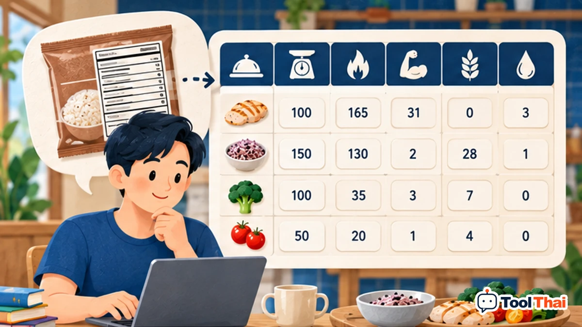 ภาพประกอบ ชื่อ, กรัมที่กิน, kcal/100g, โปรตีน/100g, คาร์บ/100g, ไขมัน/100g ในคำนวณแคลอรี่และสารอาหารจากรายการอาหาร