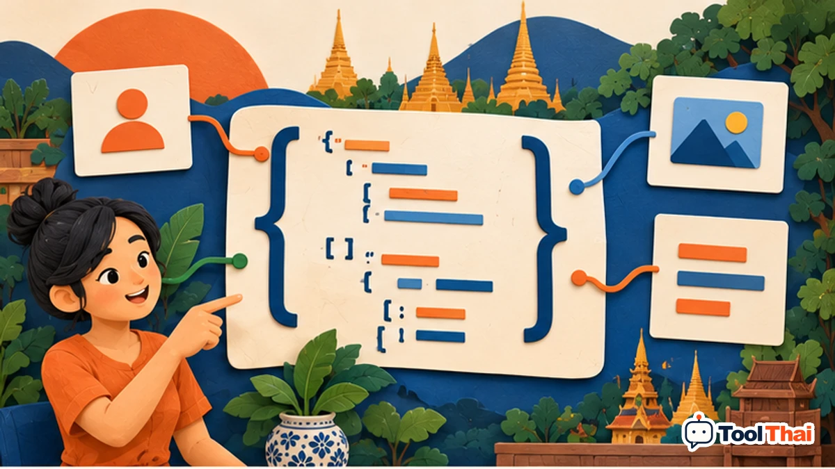 ภาพประกอบ JSON ในจัดรูปแบบและตรวจความถูกต้องของ JSON