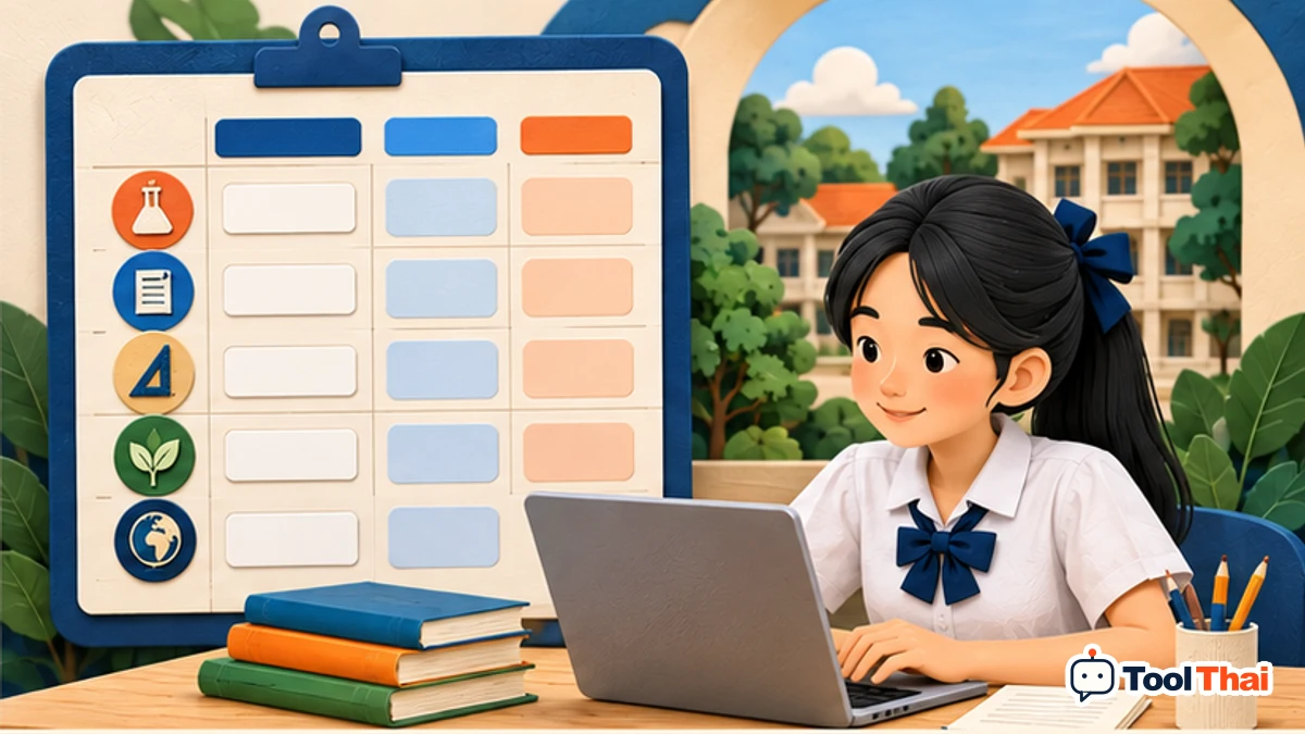 ภาพประกอบ วิชา, คะแนนที่ได้, คะแนนเต็ม, น้ำหนัก % ในคำนวณคะแนนถ่วงน้ำหนัก NETSAT