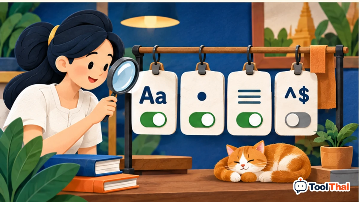 ภาพประกอบ Flags (ใช้ - หากไม่มี) ในทดสอบ Regular Expression พร้อมแสดงข้อความที่ตรงเงื่อนไข