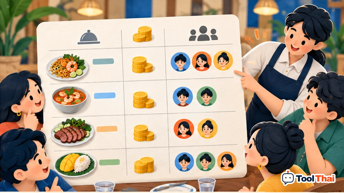 ภาพประกอบ รายการ, ราคา, คนที่ร่วมรายการ (แยกด้วย |) ในหารบิลหลายคน รวมภาษี ค่าบริการ และรายการที่แต่ละคนสั่ง