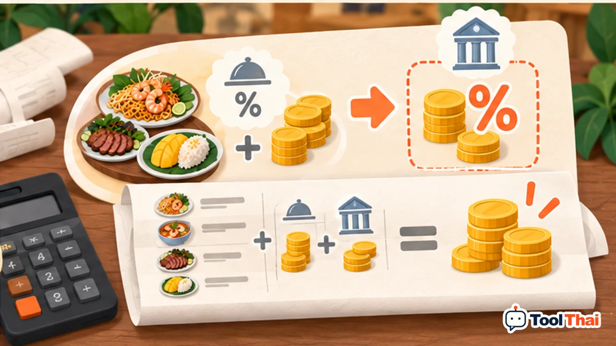 ภาพประกอบ VAT คิดรวมค่าบริการ ในหารบิลหลายคน รวมภาษี ค่าบริการ และรายการที่แต่ละคนสั่ง