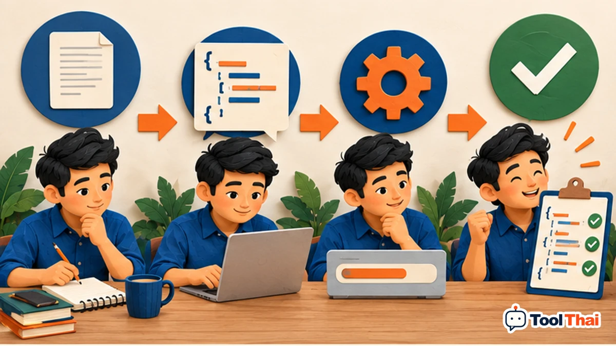 ภาพประกอบ วิธีใช้จัดรูปแบบและตรวจความถูกต้องของ JSON ทีละขั้น