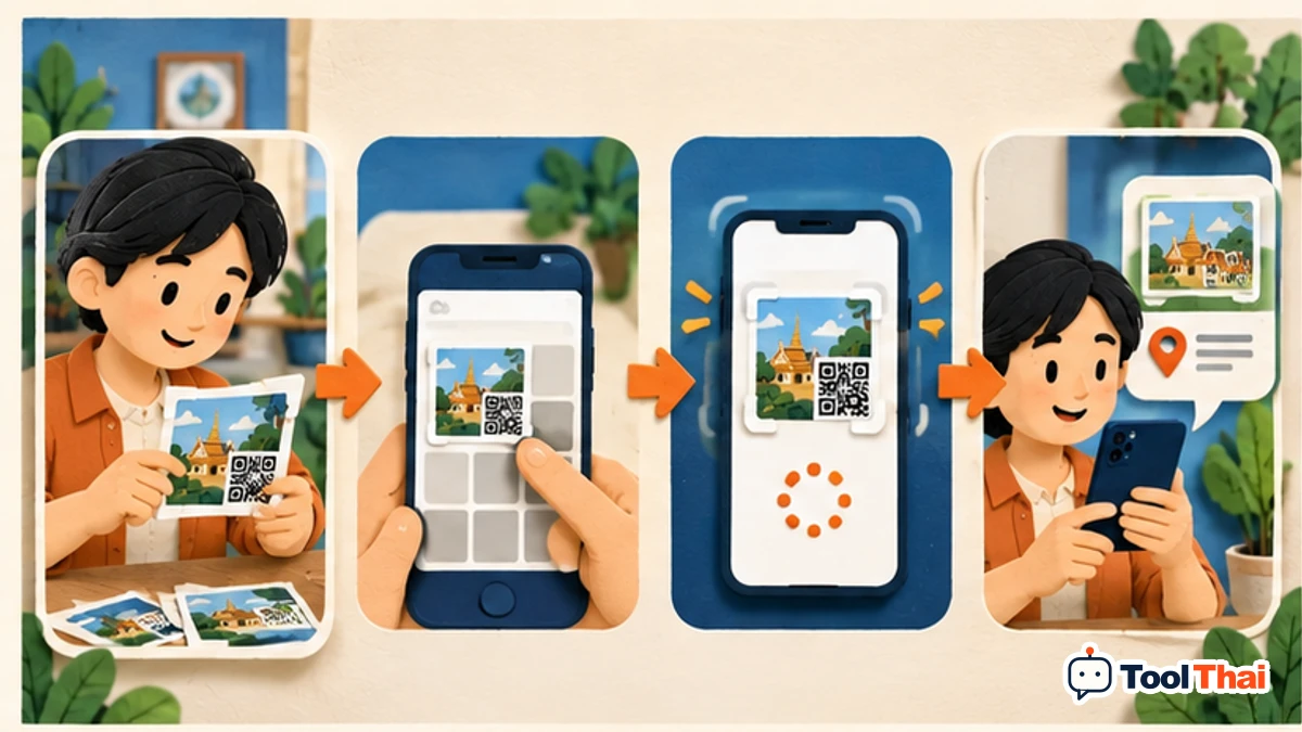ภาพประกอบ วิธีใช้อ่านข้อมูล QR Code จากรูปภาพ ทีละขั้น