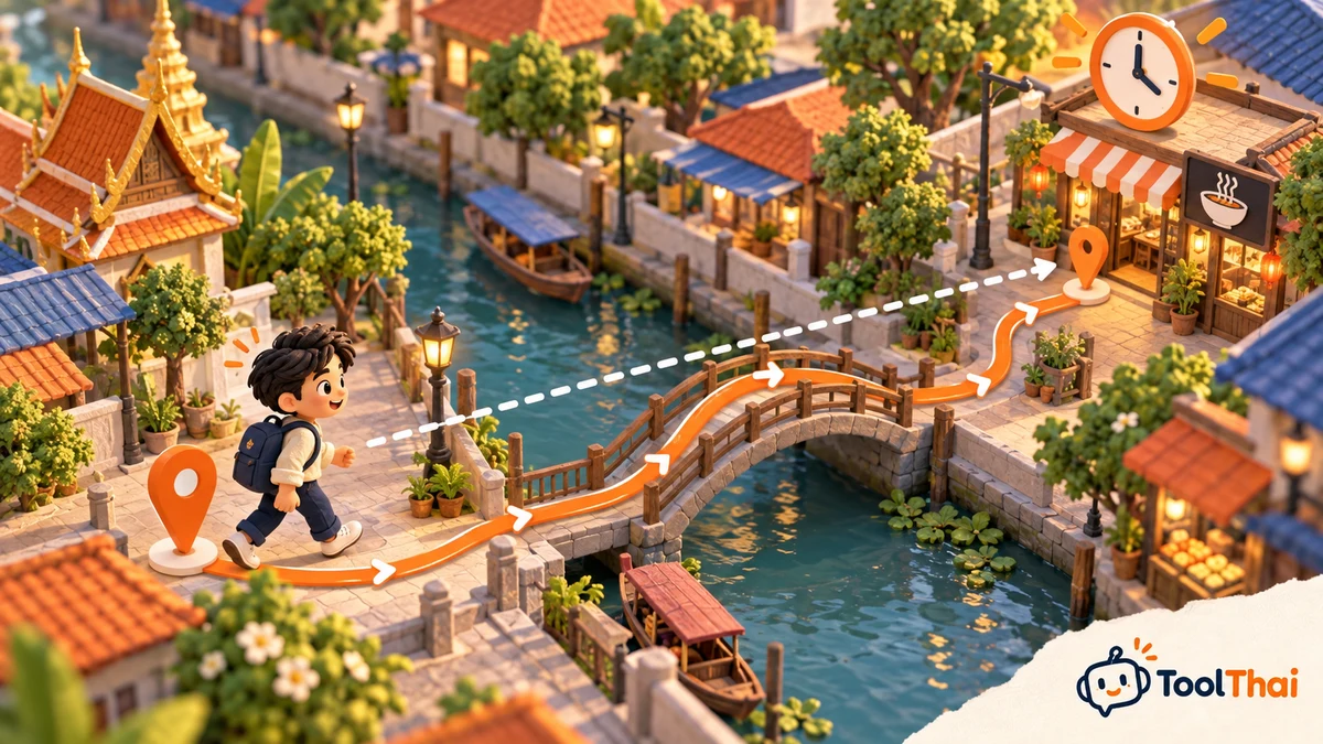 ภาพประกอบร้านอาหารสองฝั่งคลอง แสดงแนวเส้นตรงและทางเดินอ้อมสะพาน