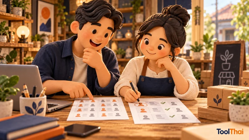 ภาพการ์ตูนสามมิติของผู้ประกอบการสองคนตรวจรายชื่อและเปรียบเทียบคุณภาพ Lead จากแคมเปญโฆษณา